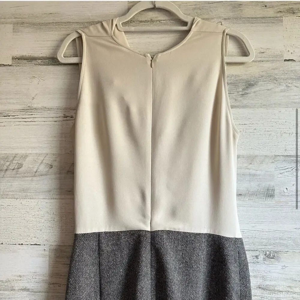 Escada‎ Classic Silk Tweed Shift Midi Dress Side Slit Sz 8 Beige Grey